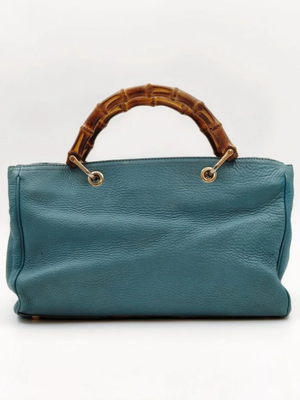 Gucci Bamboo Top Handle Leather Tote Bag Blue Convertible Satchel Italy